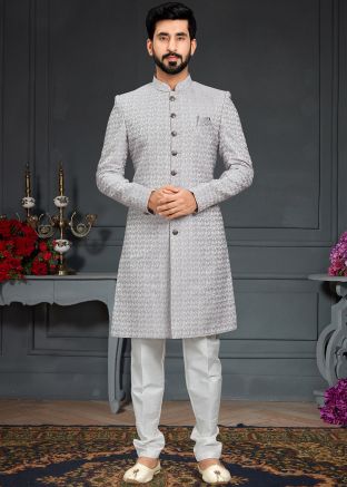 Readymade Grey Woven Mens Indo Western Sherwani Set