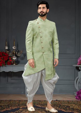 Green Woven Asymmetric Indo Western Sherwani With Dhoti