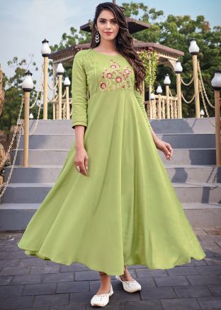 Readymade Green Embroidered Flared Kurta