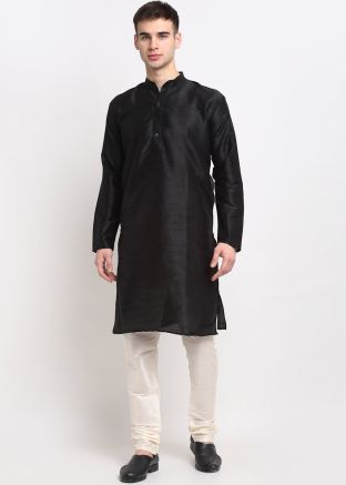 Readymade Black Color Dupion Silk Kurta Pajama