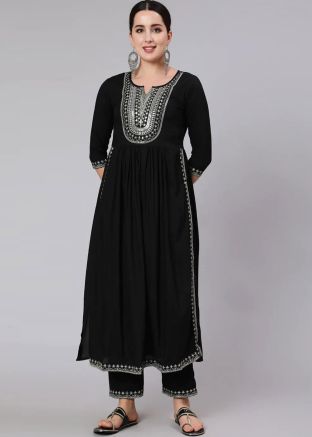 Readymade Black Embroidered Kurta Set
