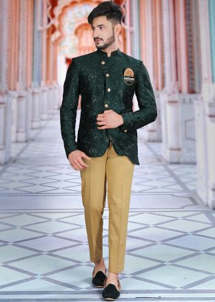 Readymade Green Embroidered Bandhgala Jodhpuri Suit
