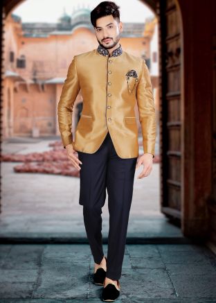 Golden Readymade Embroidered Indian Jodhpuri Suit