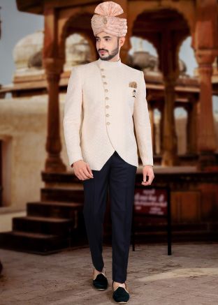 Peach Embroidered Asymmetric Bandhgala Jodhpuri Suit