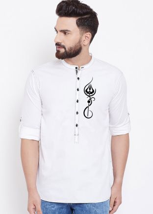 Readymade White Embroidered Short Kurta In Cotton