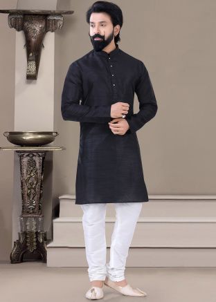 Black Mens Plain Kurta Pajama In Silk
