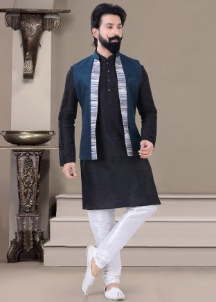 Black Silk Kurta Pajama & Jacket For Men