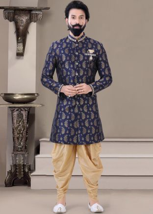 Blue Indo Western Sherwani With Dhoti In woven Designs