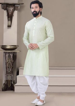 Mens Light Green Embroidered Kurta Dhoti Set
