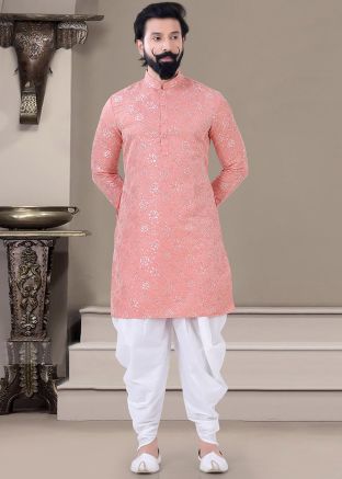 Pink Woven Jacquard Kurta Dhoti Set