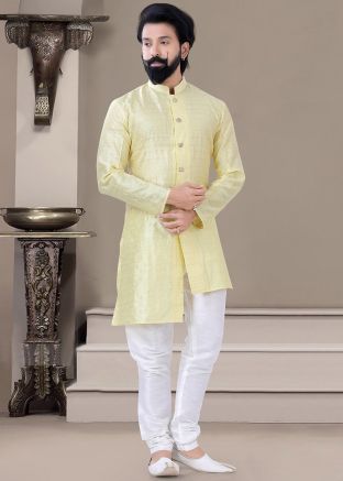 Yellow Woven Asymmetric Kurta & Pajama Set