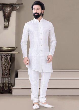 White Asymmetric Woven Kurta Churidar Set