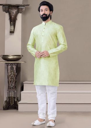 Green Printed Kurta Churidar Set In Silk