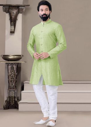 Green Woven Buttoned Front Kurta Pajama