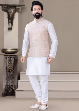 White Mens Kurta Pajama With Embroidered Jacket