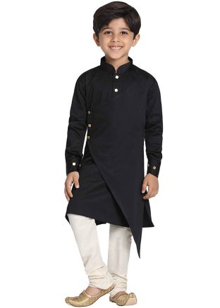 Black Asymmetric Overlapped Kids Kurta Churidar Set
