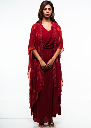 Readymade Red Embroidered Cape Style Dress