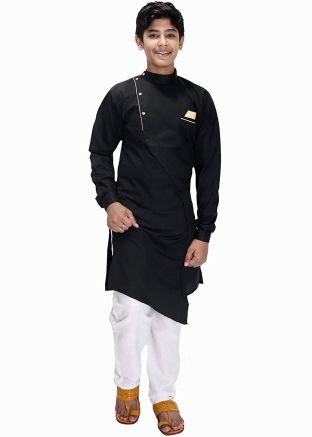 Black Cotton Asymmetric Kids Kurta With Pajama