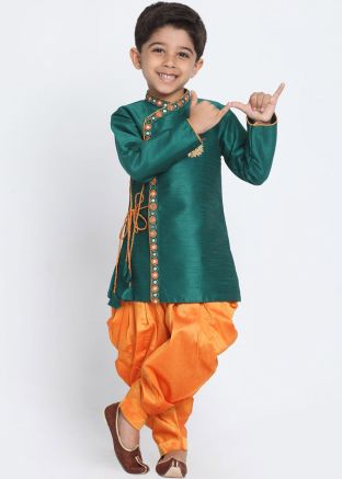 Green Dupion Silk Embroidered Kids Sherwani Dhoti Set