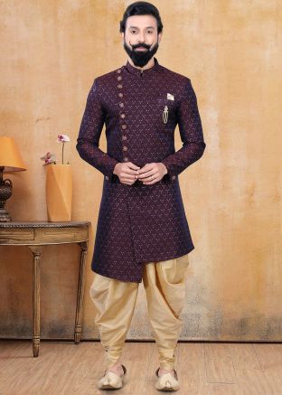 Purple Asymmetric Readymade Indo Western Sherwani