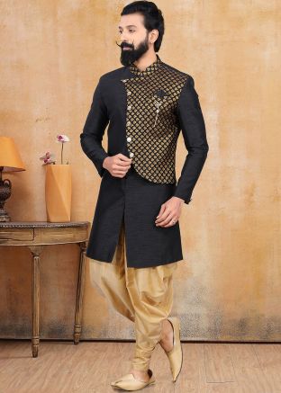 Readymade Black Overlapped Indo Western Sherwani With Dhoti