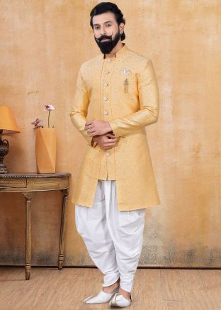 Readymade Asymmetric Yellow Indo Western Sherwani With Dhoti