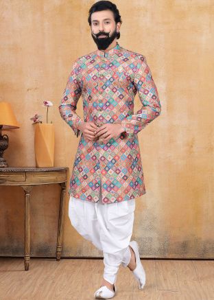 Multicolor Readymade Printed Sherwani With Dhoti
