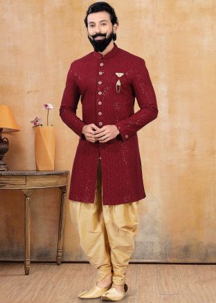 Readymade Maroon Chikankari Indo Western Sherwani With Dhoti