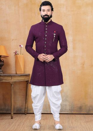 Readymade Purple Chikankari Indo Western Sherwani With Dhoti