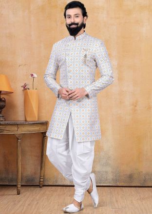 White Printed Readymade Indo Western Sherwani