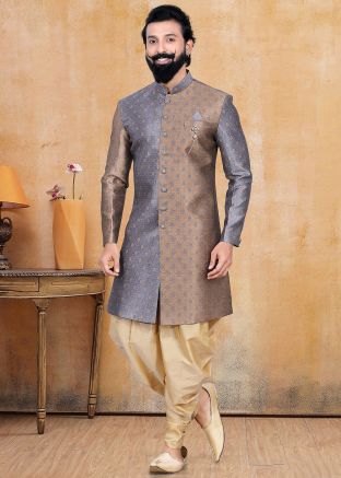 Grey Readymade Jacquard Sherwani With Dhoti