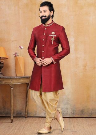 Red Readymade Sherwani With Dhoti In Silk