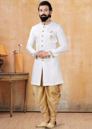 White Readymade Sherwani With Dhoti In Silk