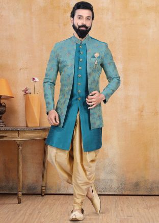 Blue Readymade Twin Layered Sherwani with Dhoti