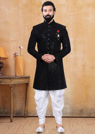 Readymade Black Chikankari Sherwani With Dhoti