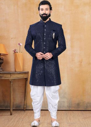 Blue Readymade Chikankari Sherwani With Dhoti
