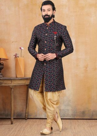 Blue Floral Woven Readyamde Sherwani With Dhoti