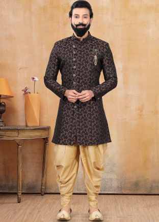 Brown Floral Woven Readyamde Sherwani With Dhoti