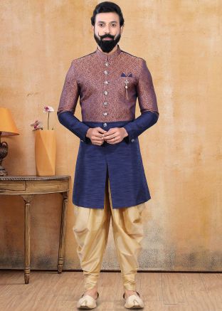 Readymade Blue And Maroon Woven Indo Western Sherwani