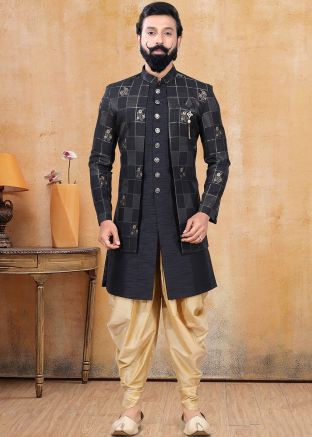 Black Readymade Layered Jacquard Sherwani With Dhoti