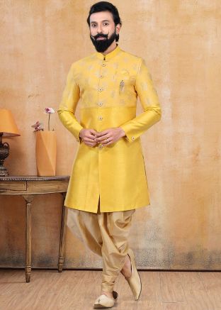 Yellow Readymade Jacquard Sherwani With Dhoti
