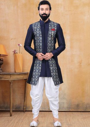 Readymade Blue Silk Indo Western Sherwani With Dhoti
