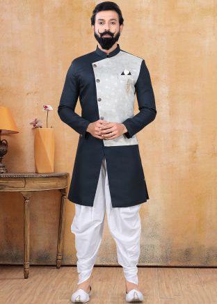 Blue Woven Readymade Indo Western Sherwani With Dhoti
