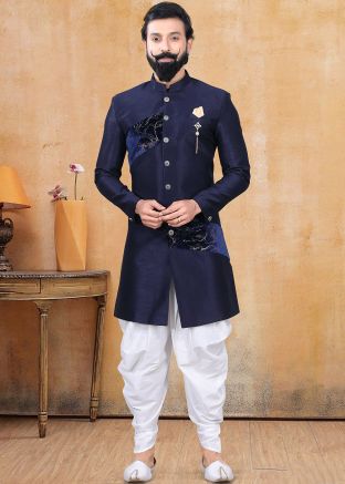 Readymade Blue Silk Indo Western Sherwani With Dhoti