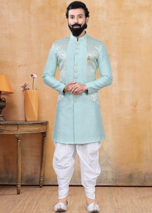 Light Blue Readymade Silk Indo Western Sherwani