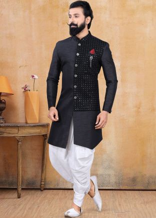 Black Embroidered Readymade Indo Western Sherwani