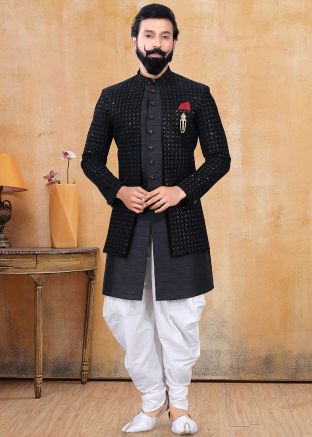 Black Readymade Layered Indo Western Sherwani With Embroidery
