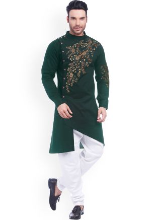 Readymade Green Asymmetric Embroidered Kurta Pajama