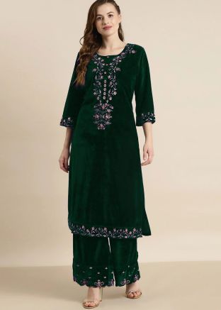Green Embroidered Kurta Set In Velvet