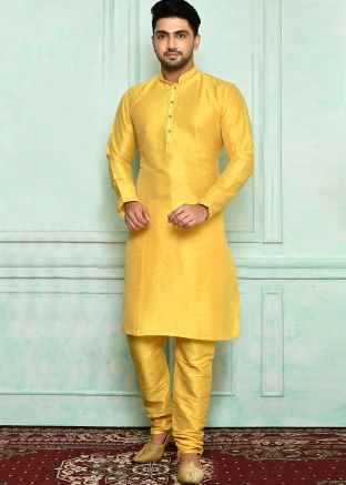Yellow Plain Kurta Pajama In Art Silk